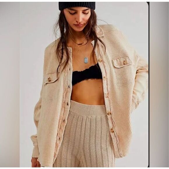 Free People Tops - Free People FP One Scout Jacket Small Pink Waffle Thermal Oversized Shacket Boho